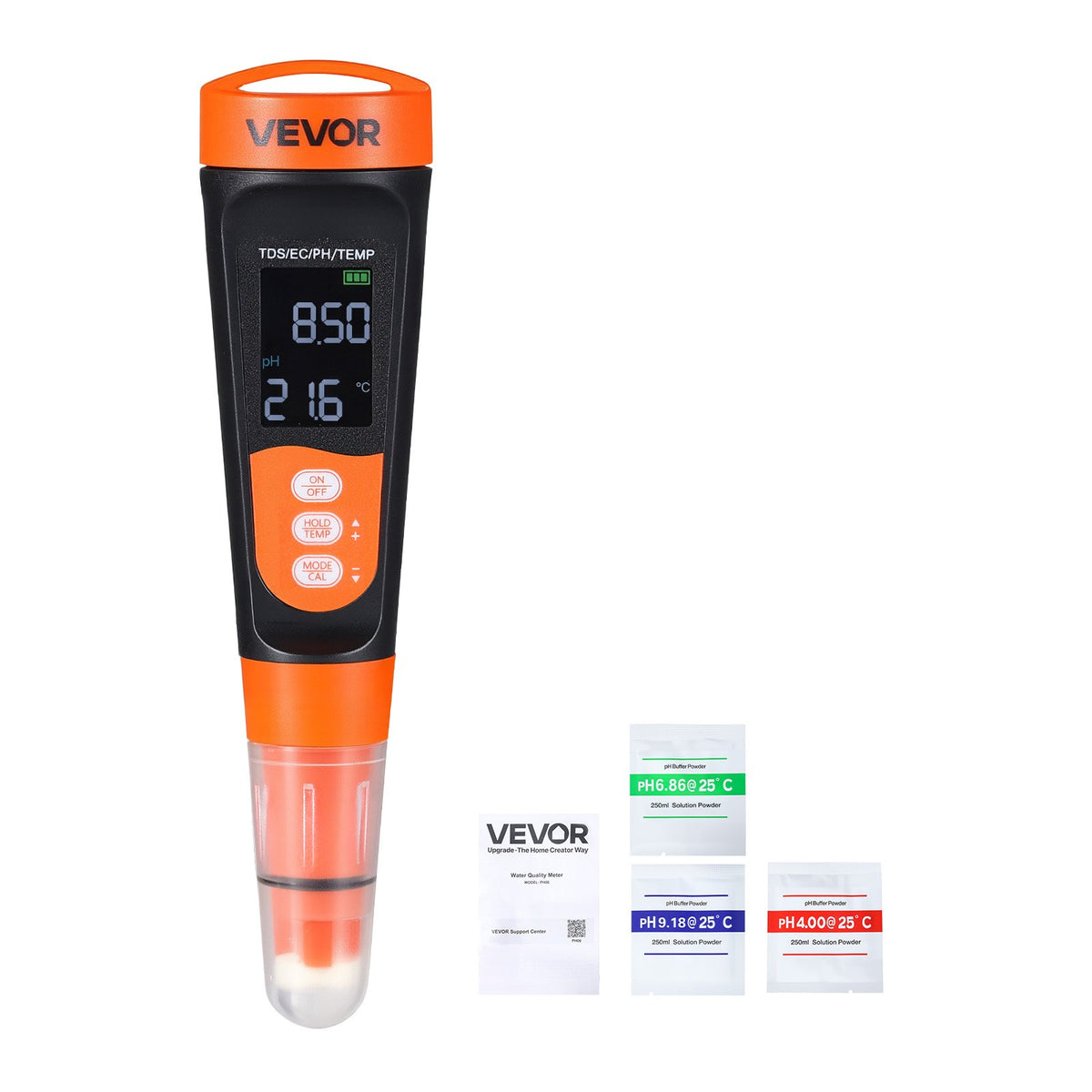 pH Meter, Accurate pH/EC (Conductivity)/TDS (ppm) Multi-Parameter Measurement, IP68 Waterproof Probe, Pocket Tester Kit with Calibration Powder Packets, VA Display, for Water Quality Testing