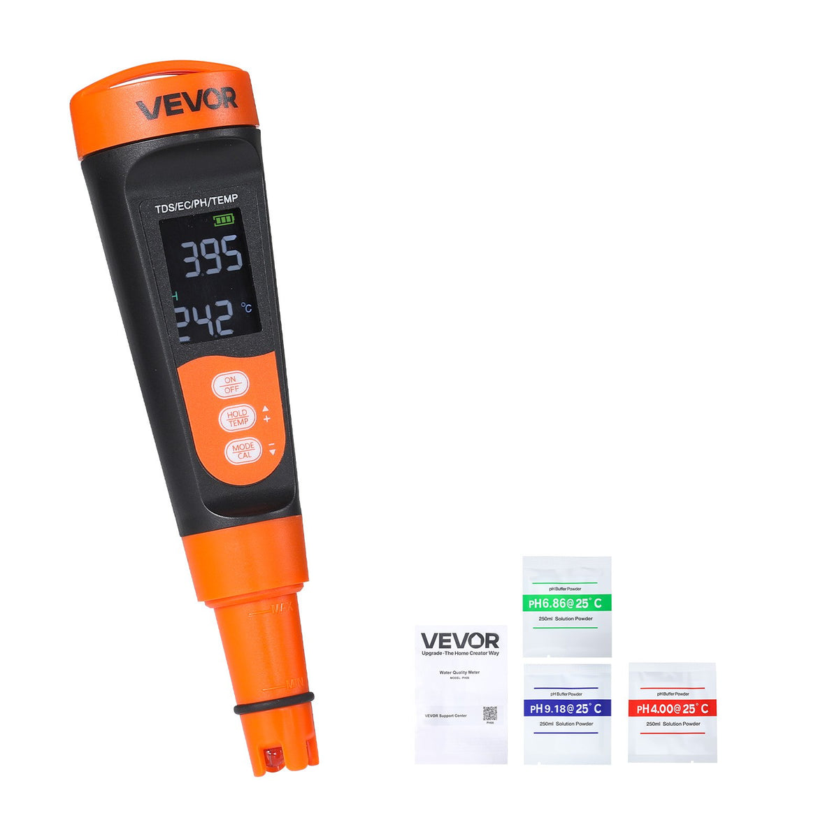 pH Meter, Accurate pH/EC (Conductivity)/TDS (ppm) Multi-Parameter Measurement, IP68 Waterproof Probe, Pocket Tester Kit with Calibration Powder Packets, VA Display, for Water Quality Testing