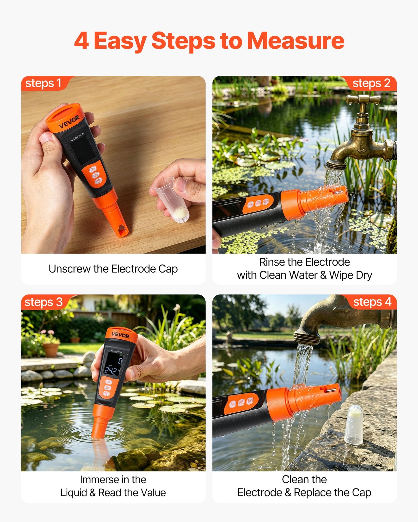 TDS Meter, 0-9990 ppm Measuring Range, EC (Conductivity) /TDS (ppm) Multi-Parameter Measurement, Digital Water Tester with ATC, Clear VA Display Screen, for Drinking Water Quality Testing