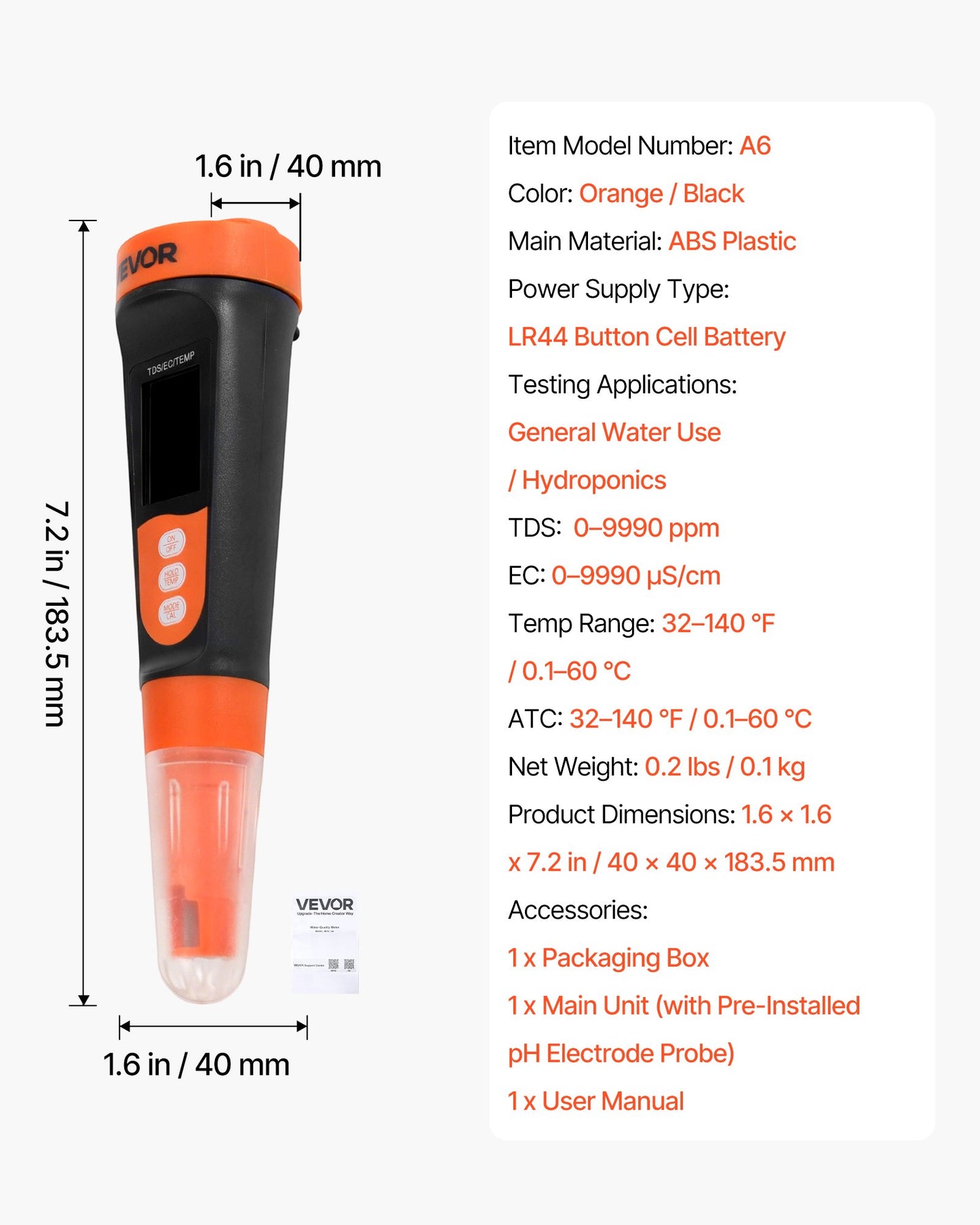 TDS Meter, 0-9990 ppm Measuring Range, EC (Conductivity) /TDS (ppm) Multi-Parameter Measurement, Digital Water Tester with ATC, Clear VA Display Screen, for Drinking Water Quality Testing