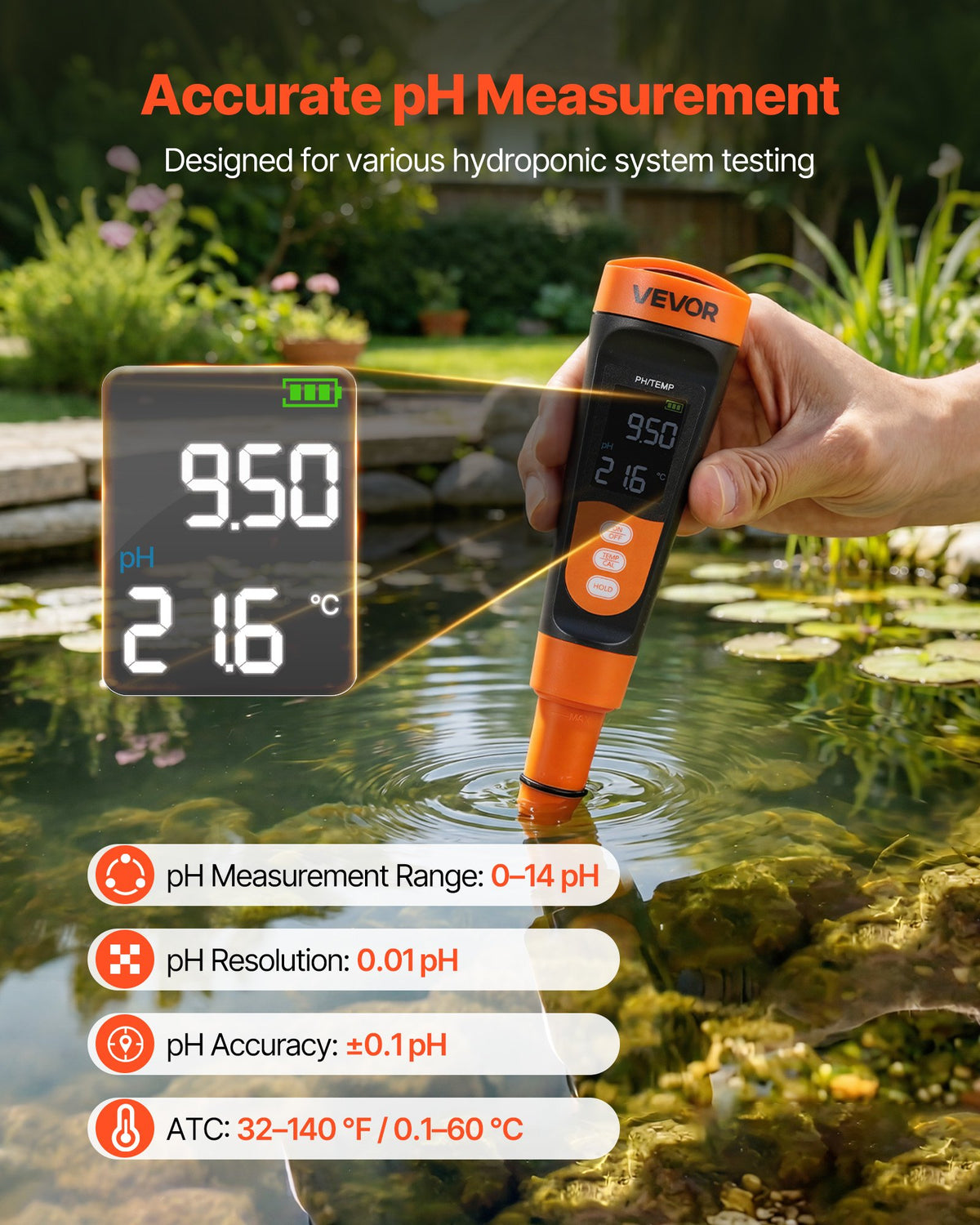 pH Meter, 0-14 pH Range, IP68 Waterproof Probe, Pocket Tester Kit with Calibration Powder Packets, VA Display Screen, for Drinking Water, Hydroponics, and Aquarium Water Quality Testing