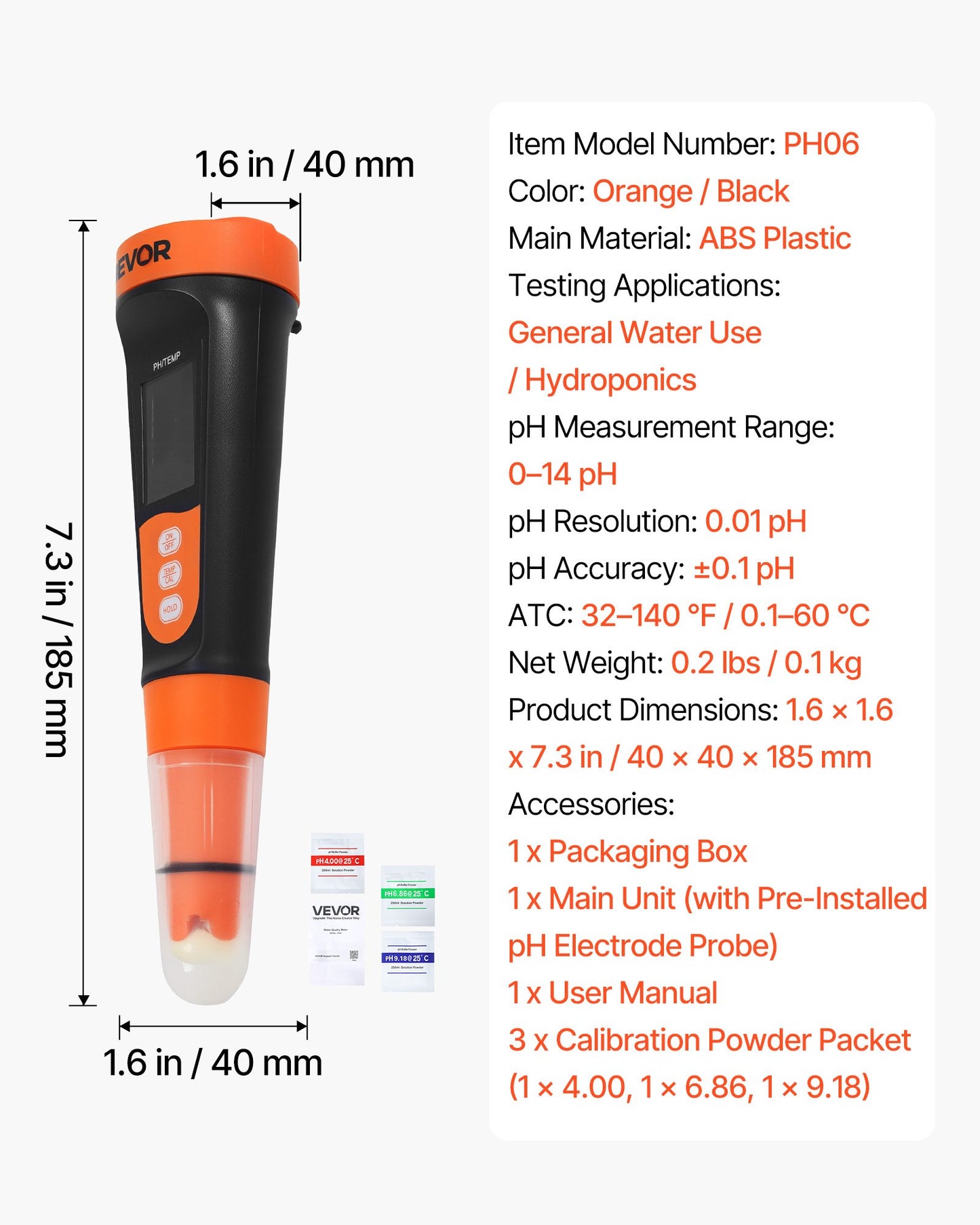 pH Meter, 0-14 pH Range, IP68 Waterproof Probe, Pocket Tester Kit with Calibration Powder Packets, VA Display Screen, for Drinking Water, Hydroponics, and Aquarium Water Quality Testing