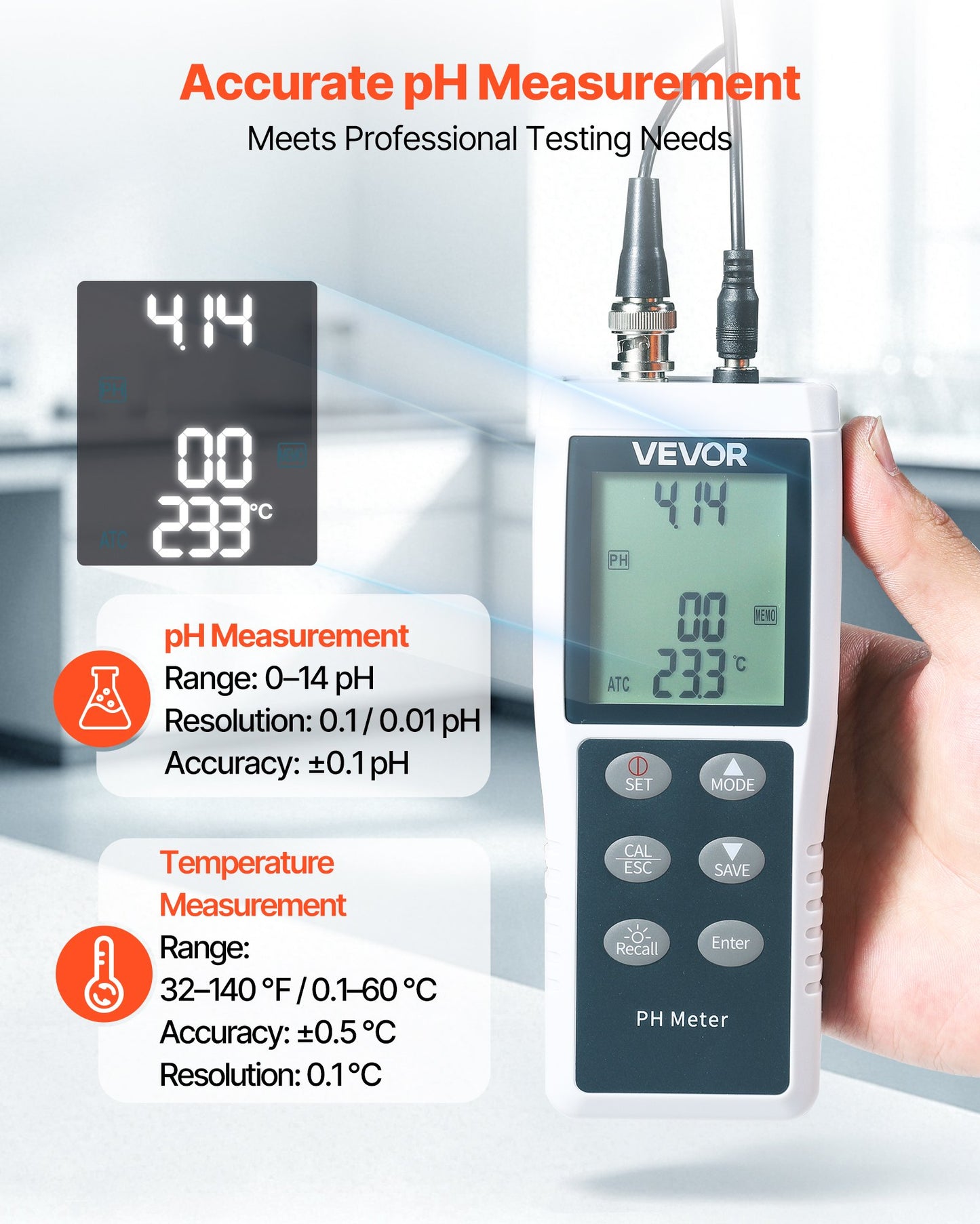 pH Meter, 0-14 pH Range, IP68 Waterproof Probe, 3-Point Auto Calibration, Portable Tester Kit with Calibration Powder Packets, Temperature Probe, Carrying Case, for Drinking Water, Hydroponics