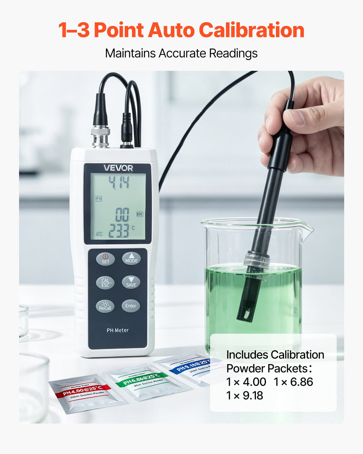 pH Meter, 0-14 pH Range, IP68 Waterproof Probe, 3-Point Auto Calibration, Portable Tester Kit with Calibration Powder Packets, Temperature Probe, Carrying Case, for Drinking Water, Hydroponics