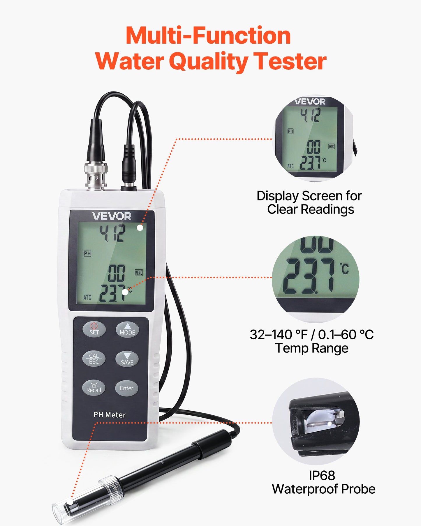 pH Meter, 0-14 pH Range, IP68 Waterproof Probe, 3-Point Auto Calibration, Portable Tester Kit with Calibration Powder Packets, Temperature Probe, Carrying Case, for Drinking Water, Hydroponics