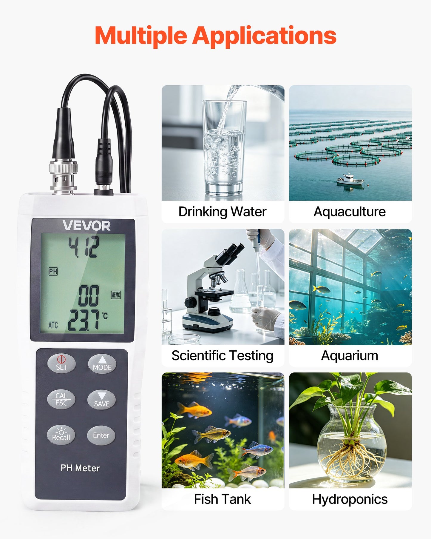 pH Meter, 0-14 pH Range, IP68 Waterproof Probe, 3-Point Auto Calibration, Portable Tester Kit with Calibration Powder Packets, Temperature Probe, Carrying Case, for Drinking Water, Hydroponics