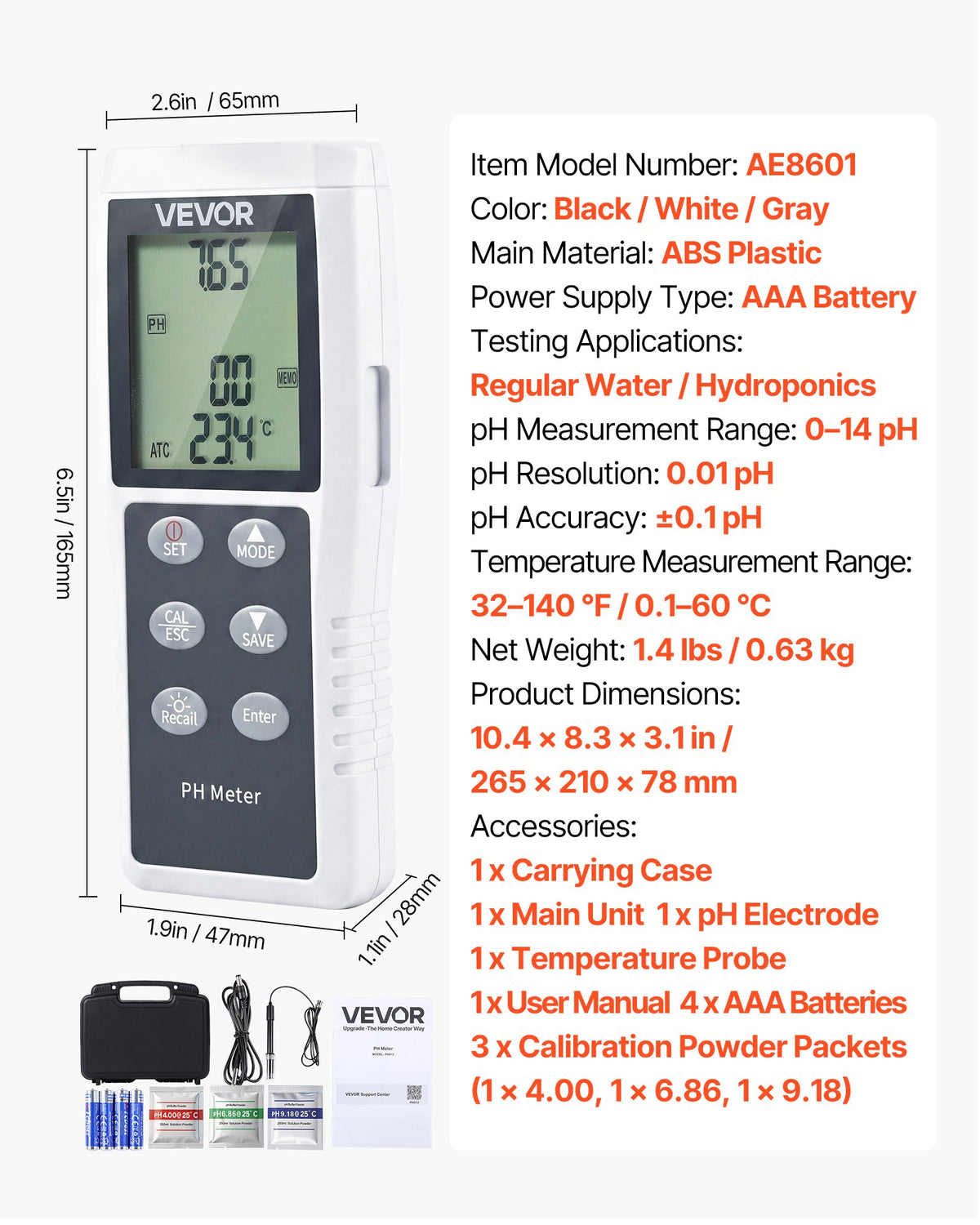 pH Meter, 0-14 pH Range, IP68 Waterproof Probe, 3-Point Auto Calibration, Portable Tester Kit with Calibration Powder Packets, Temperature Probe, Carrying Case, for Drinking Water, Hydroponics