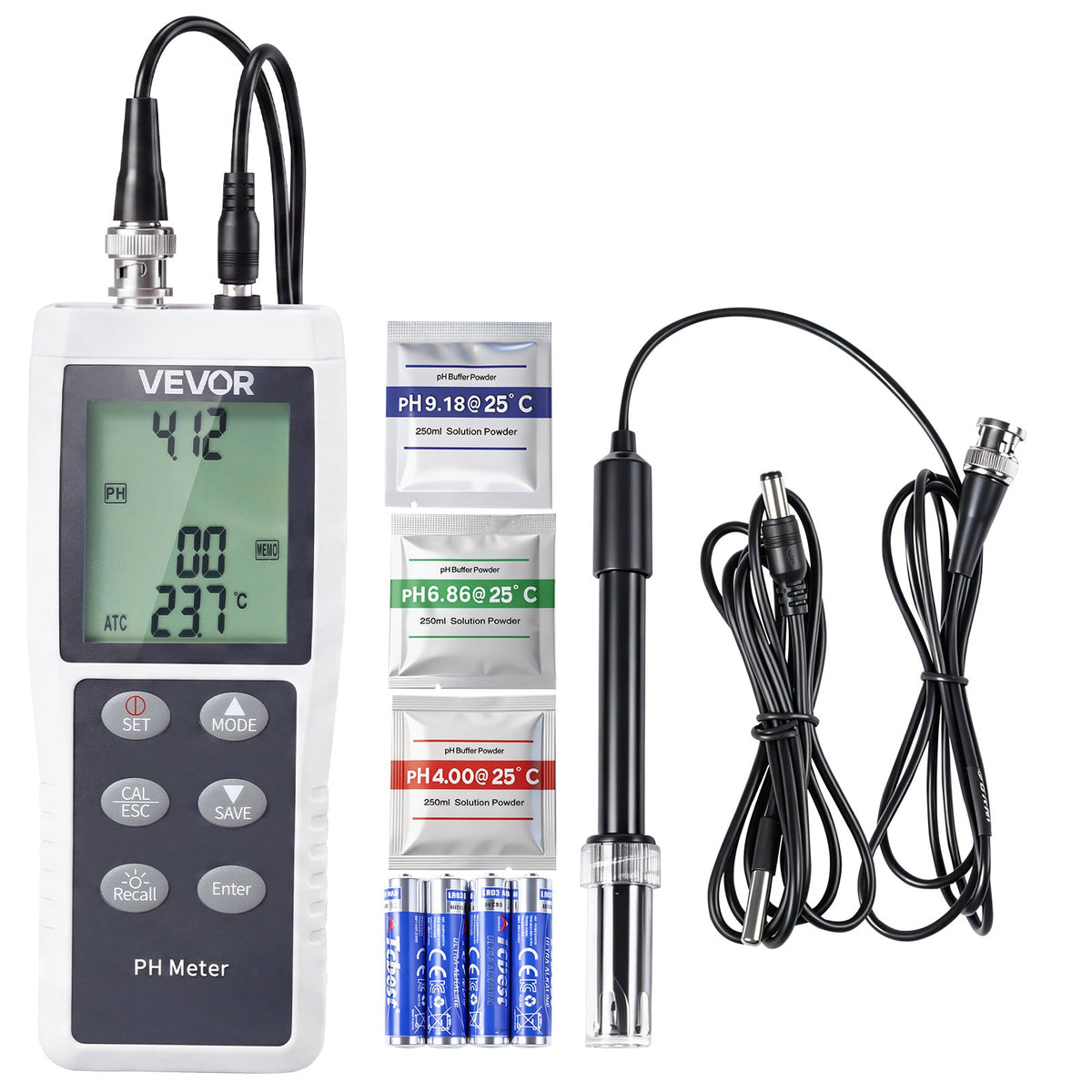 pH Meter, 0-14 pH Range, IP68 Waterproof Probe, 3-Point Auto Calibration, Portable Tester Kit with Calibration Powder Packets, Temperature Probe, Carrying Case, for Drinking Water, Hydroponics