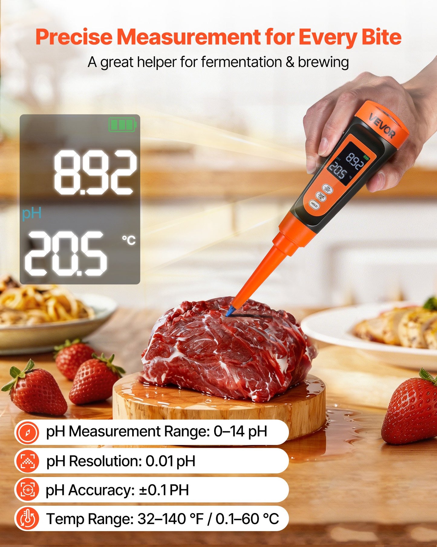 Food pH Meter, 0-14 pH Range, IP68 Waterproof Probe, Pocket Tester Kit with Automatic Temperature Compensation, Calibration Powder Packets, Easy to Read, for Food Fermentation, Dough, Meat