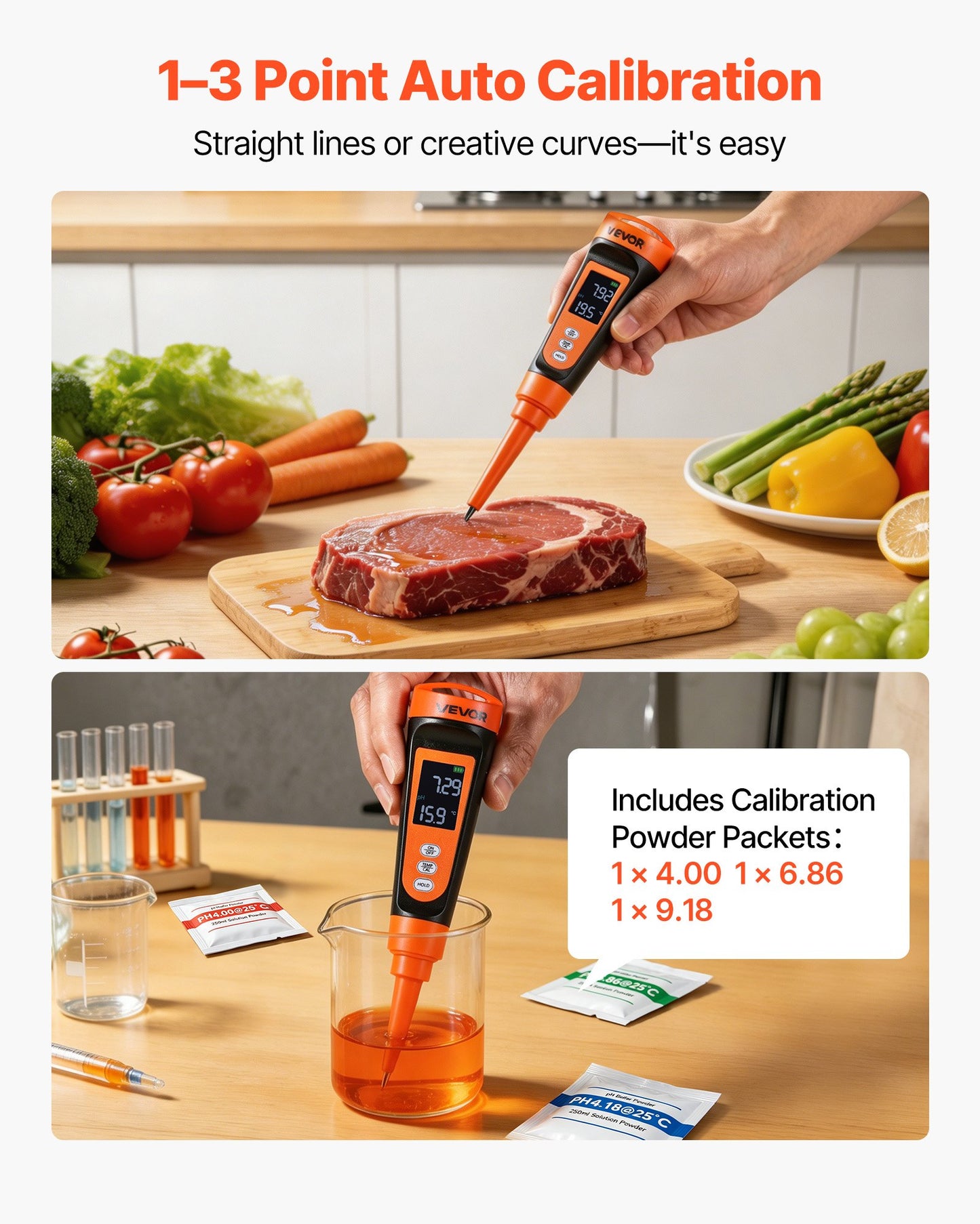 Food pH Meter, 0-14 pH Range, IP68 Waterproof Probe, Pocket Tester Kit with Automatic Temperature Compensation, Calibration Powder Packets, Easy to Read, for Food Fermentation, Dough, Meat