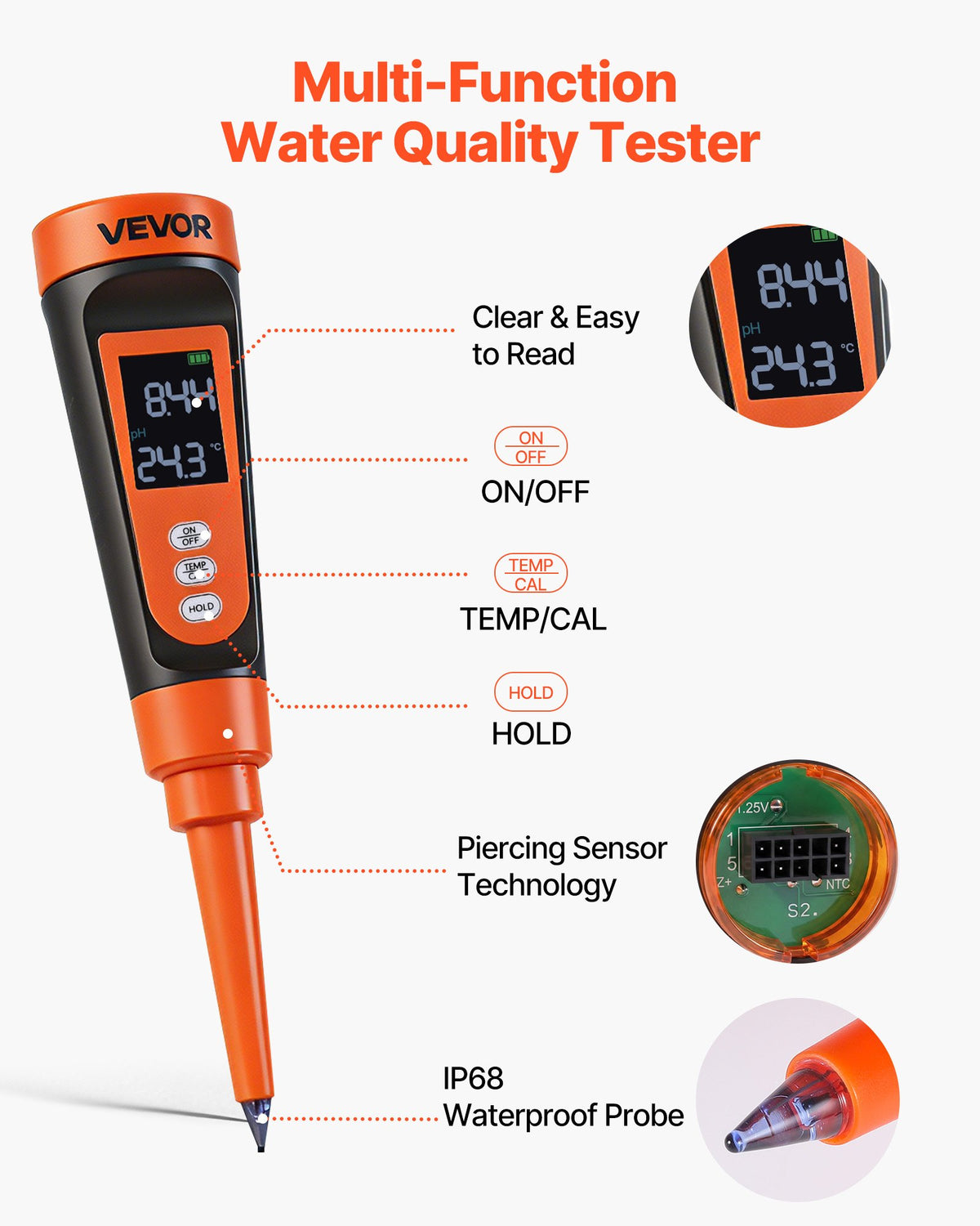 Food pH Meter, 0-14 pH Range, IP68 Waterproof Probe, Pocket Tester Kit with Automatic Temperature Compensation, Calibration Powder Packets, Easy to Read, for Food Fermentation, Dough, Meat