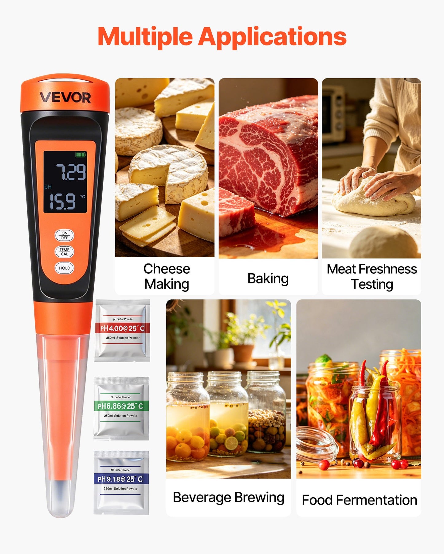 Food pH Meter, 0-14 pH Range, IP68 Waterproof Probe, Pocket Tester Kit with Automatic Temperature Compensation, Calibration Powder Packets, Easy to Read, for Food Fermentation, Dough, Meat