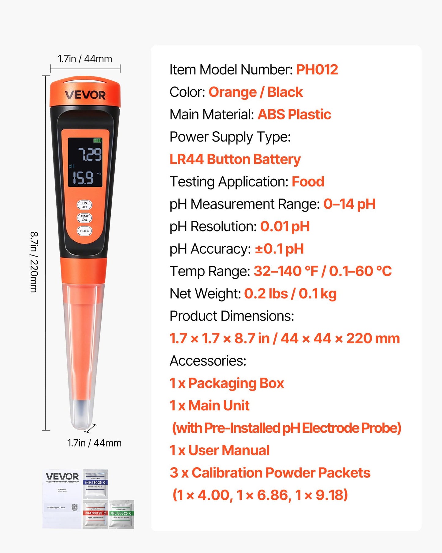 Food pH Meter, 0-14 pH Range, IP68 Waterproof Probe, Pocket Tester Kit with Automatic Temperature Compensation, Calibration Powder Packets, Easy to Read, for Food Fermentation, Dough, Meat