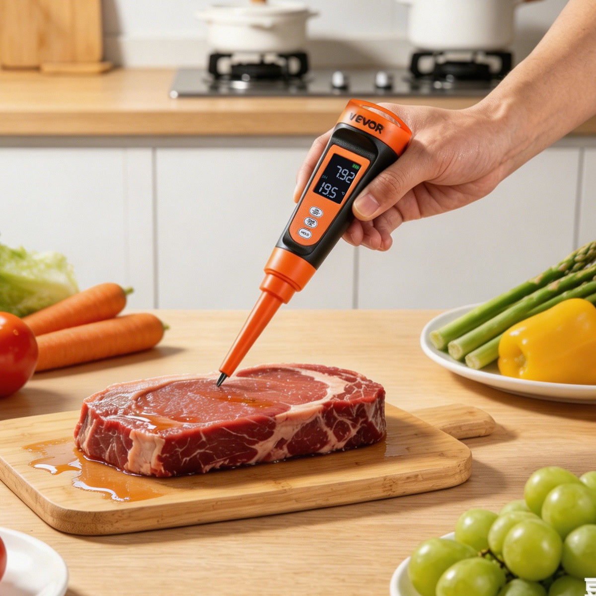 Food pH Meter, 0-14 pH Range, IP68 Waterproof Probe, Pocket Tester Kit with Automatic Temperature Compensation, Calibration Powder Packets, Easy to Read, for Food Fermentation, Dough, Meat