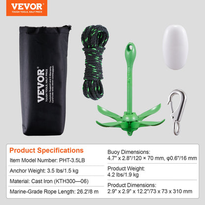 VEVOR Kayak Anchor Kit 3.5 lb Paddle Board Anchor Kit with 26.2 ft Rope and Buoy