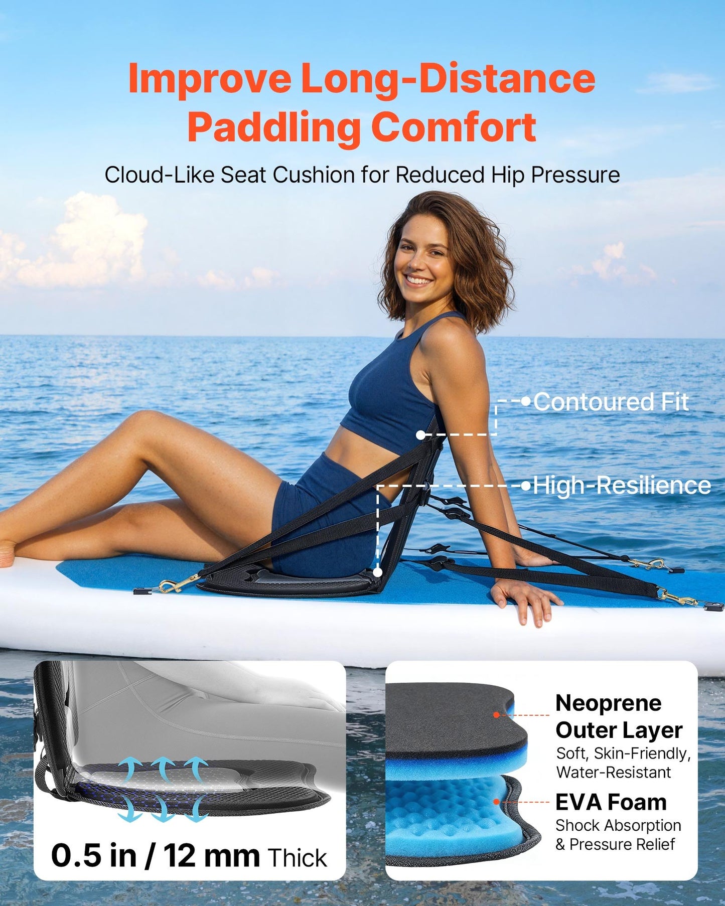 Kayak Seat, 2 Pack 12 mm Thick, Universal Paddle Board Seat with Back Support, Sit-on-Top Soft Padded Cushion with Storage Bag & Adjustable Straps for SUP, Canoe, Fishing Boat, Inflatable Kayak