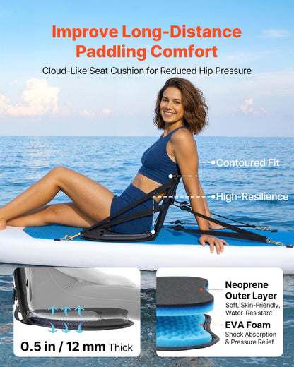 Kayak Seat, 2 Pack 12 mm Thick, Universal Paddle Board Seat with Back Support, Sit-on-Top Soft Padded Cushion with Storage Bag & Adjustable Straps for SUP, Canoe, Fishing Boat, Inflatable Kayak