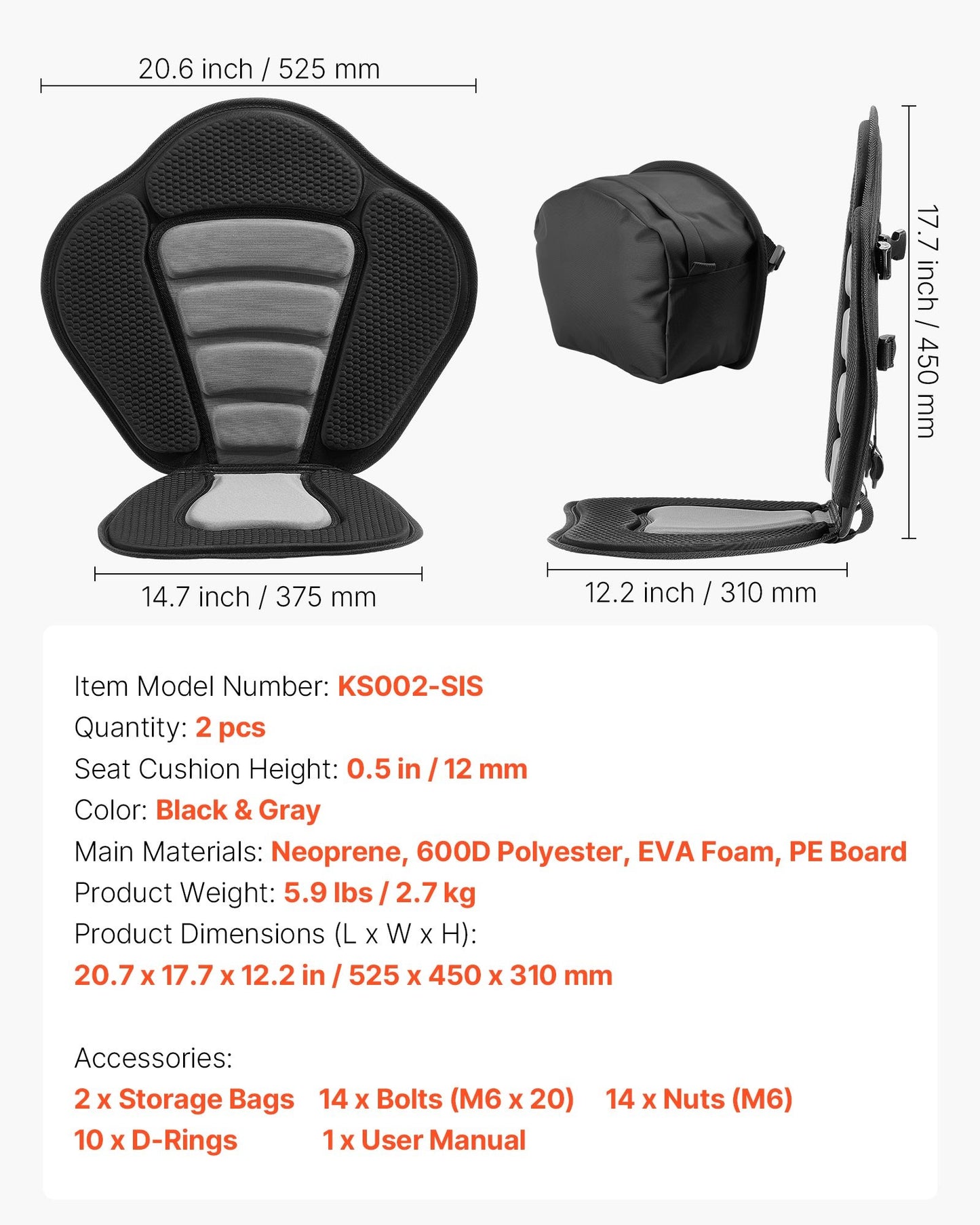 Kayak Seat, 2 Pack 12 mm Thick, Universal Paddle Board Seat with Back Support, Sit-on-Top Soft Padded Cushion with Storage Bag & Adjustable Straps for SUP, Canoe, Fishing Boat, Inflatable Kayak