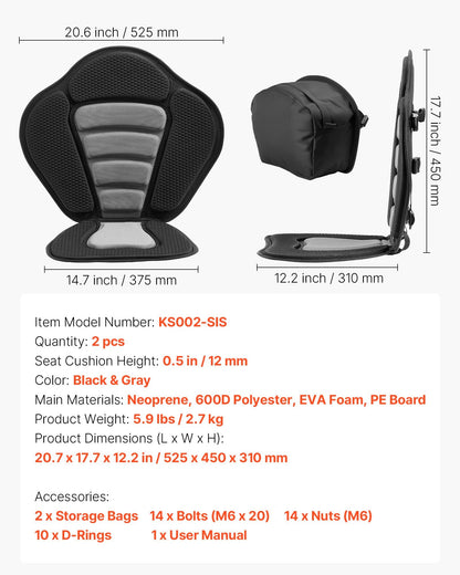 Kayak Seat, 2 Pack 12 mm Thick, Universal Paddle Board Seat with Back Support, Sit-on-Top Soft Padded Cushion with Storage Bag & Adjustable Straps for SUP, Canoe, Fishing Boat, Inflatable Kayak