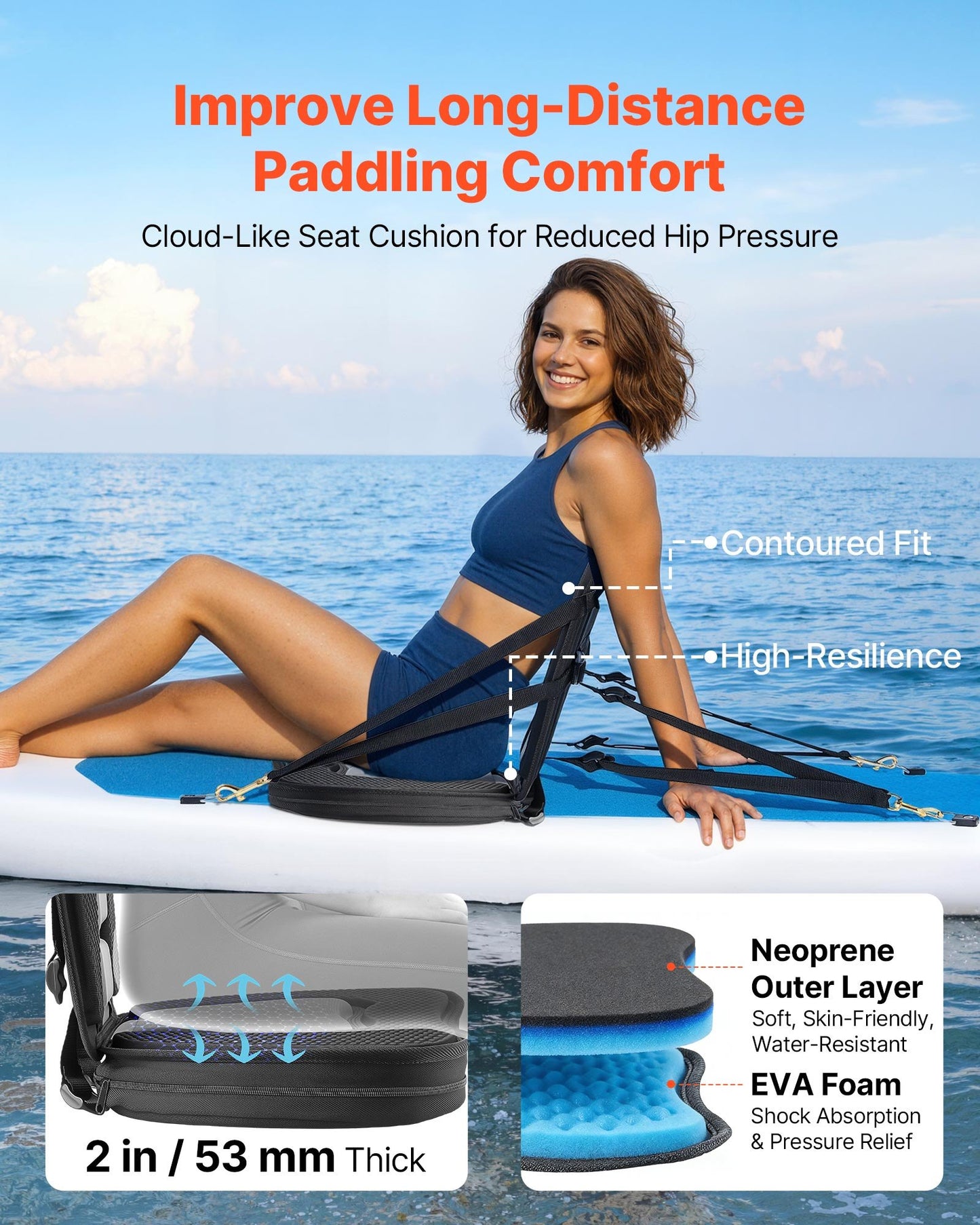 Kayak Seat, 2 Pack 53 mm Thick, Universal Paddle Board Seat with Back Support, Sit-on-Top Soft Padded Cushion with Storage Bag & Adjustable Straps for SUP, Canoe, Fishing Boat, Inflatable Kayak