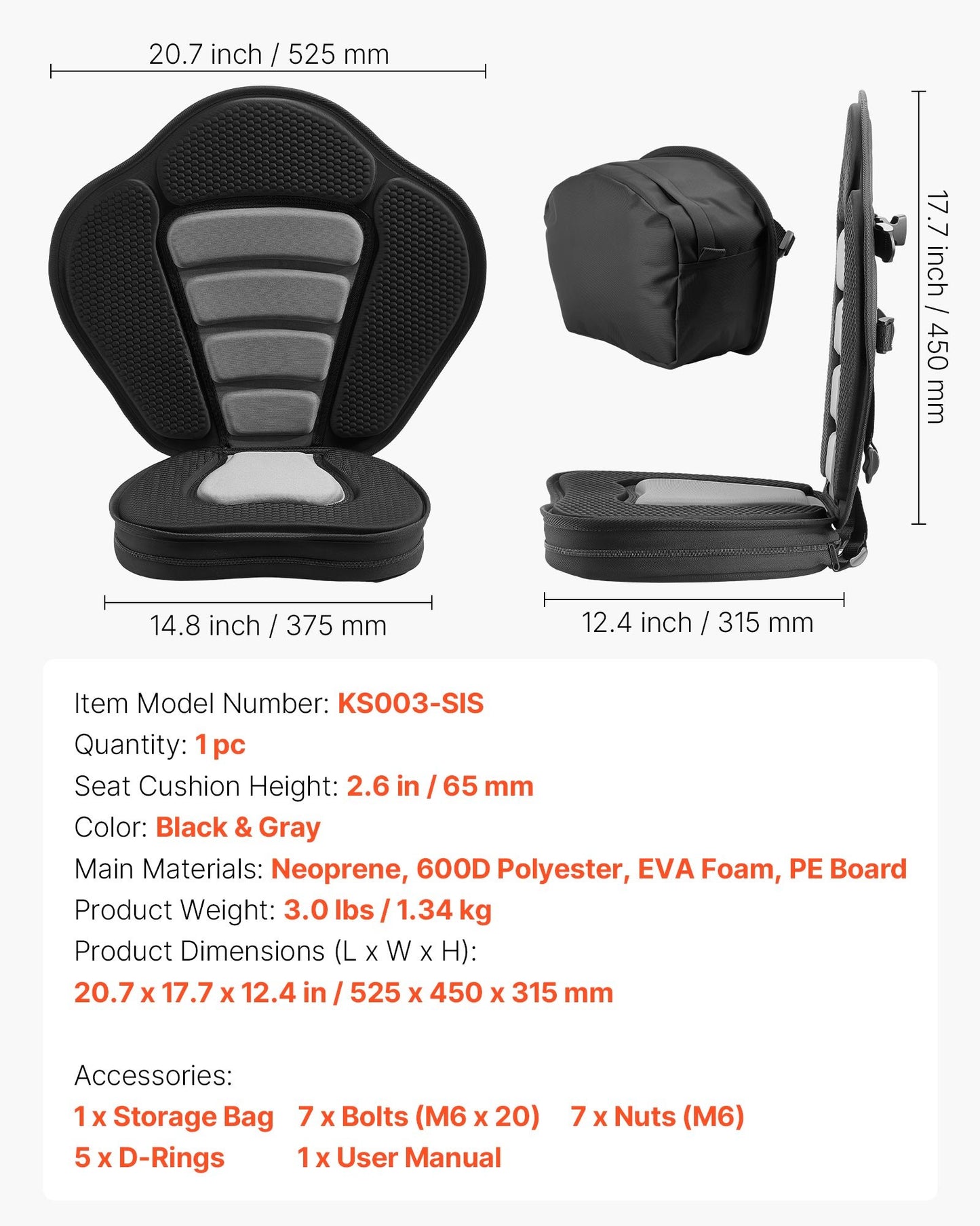 Kayak Seat, 1 Pack 65 mm Thick, Universal Paddle Board Seat with Back Support, Sit-on-Top Soft Padded Cushion with Storage Bag & Adjustable Straps for SUP, Canoe, Fishing Boat, Inflatable Kayak