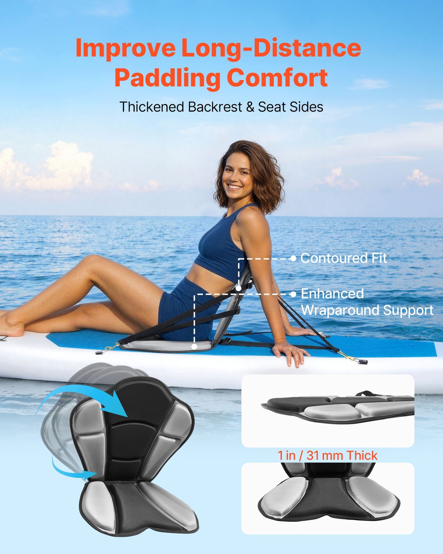Kayak Seat, 1 Pack 31 mm Thick, Universal Paddle Board Seat with Back Support, Sit-on-Top Soft Padded Cushion with Storage Bag & Adjustable Straps for SUP, Fishing/Inflatable Kayak, Rowboat