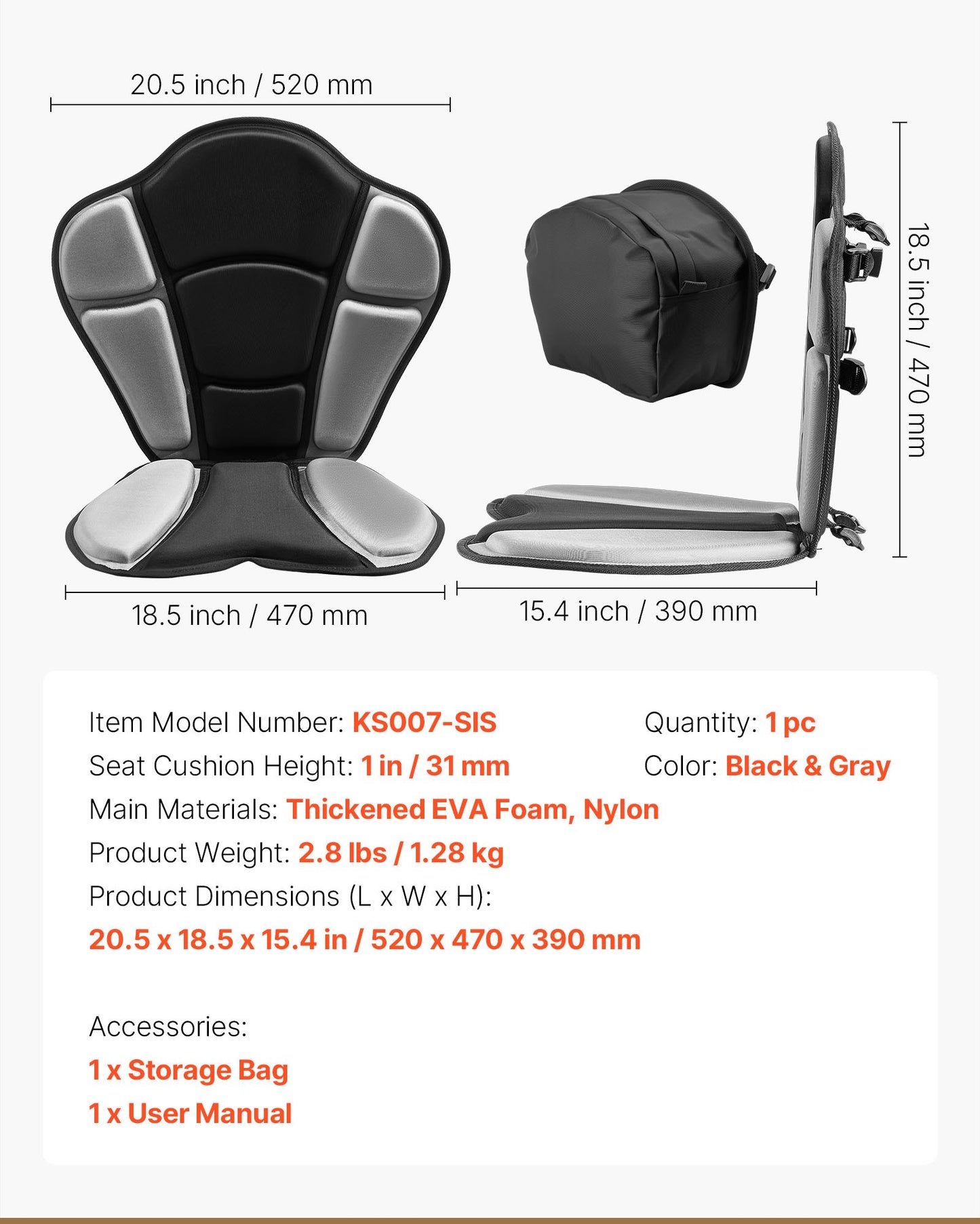 Kayak Seat, 1 Pack 31 mm Thick, Universal Paddle Board Seat with Back Support, Sit-on-Top Soft Padded Cushion with Storage Bag & Adjustable Straps for SUP, Fishing/Inflatable Kayak, Rowboat
