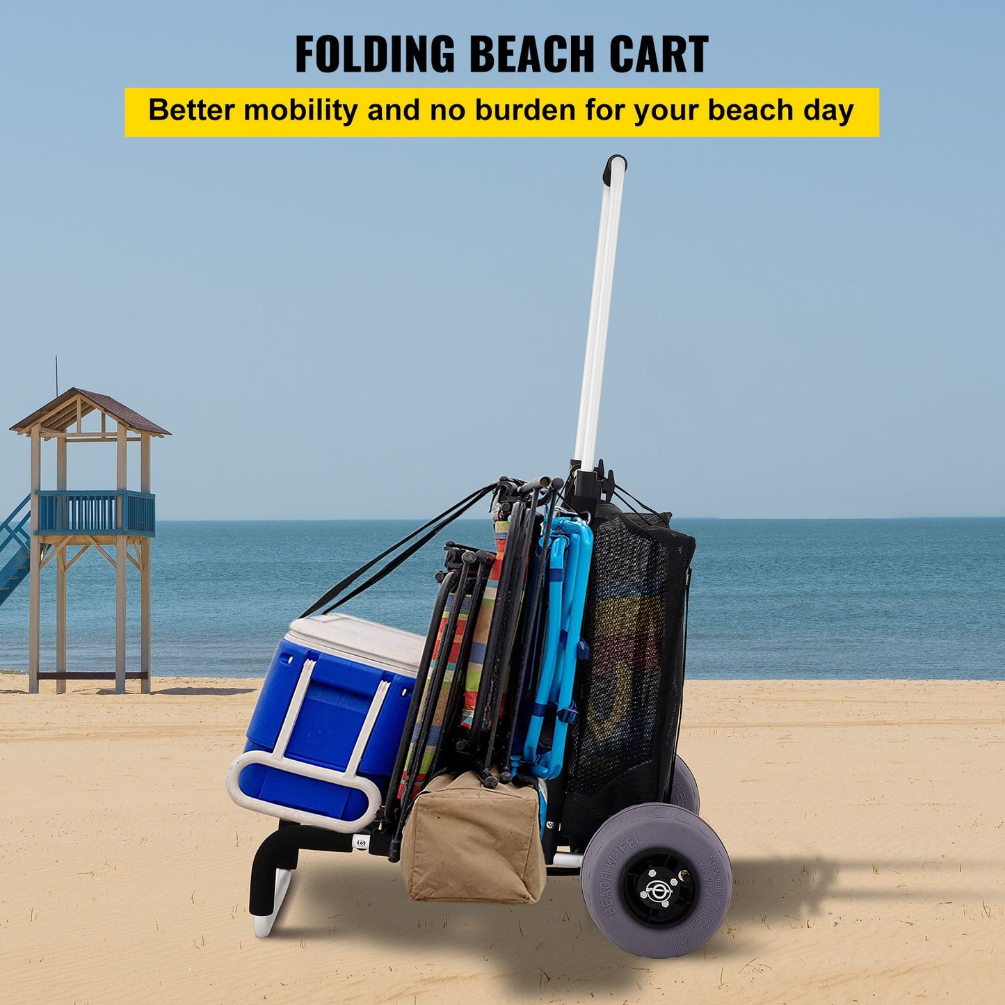 VEVOR Beach Carts for Sand, with 10\" PVC Balloon Wheels, 15\" x 15\" Cargo Deck,
