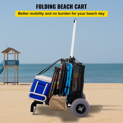 Foldable Beach Cart with PVC Balloon Wheels, Adjustable Height, 75 kg Capacity