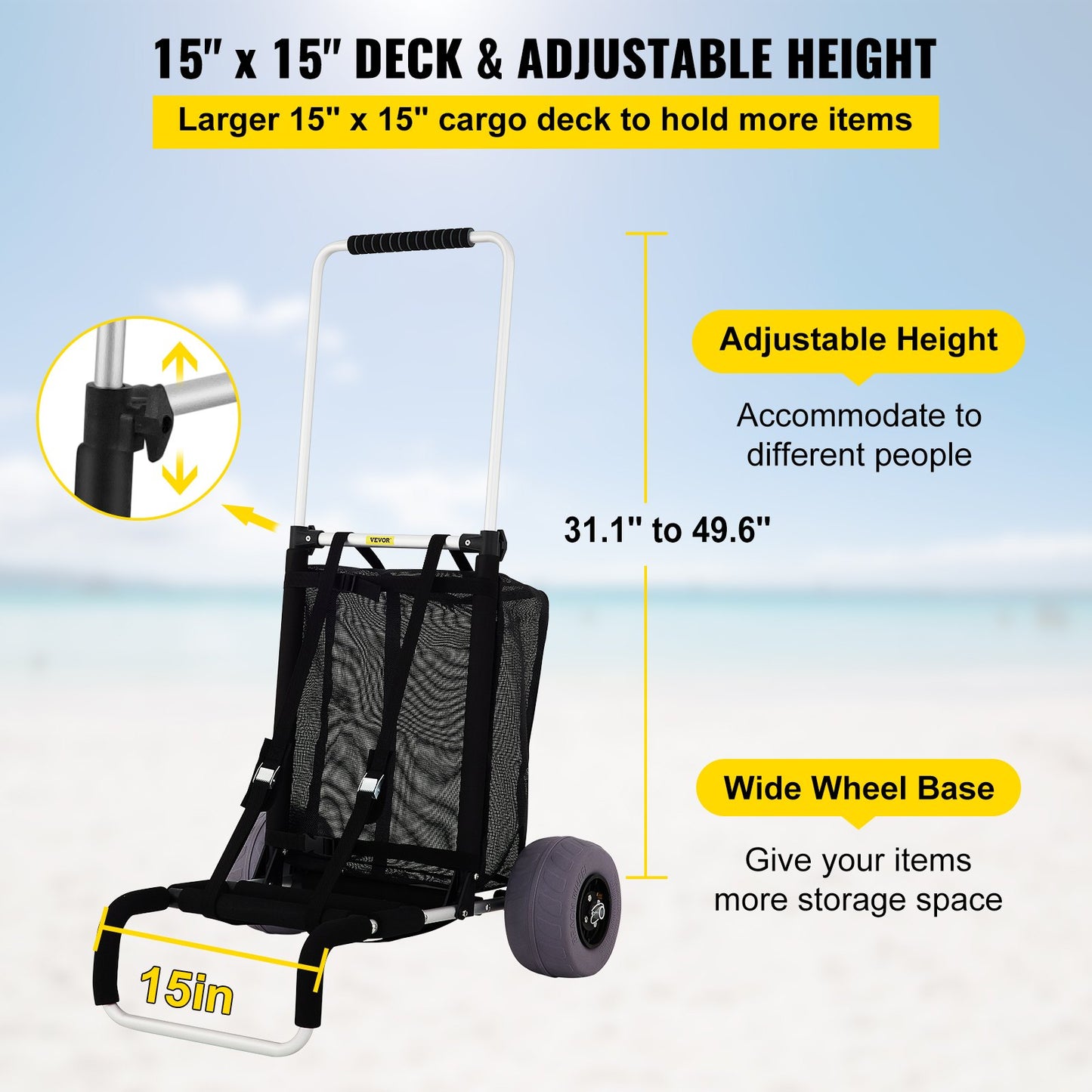VEVOR Beach Carts for Sand, with 10\" PVC Balloon Wheels, 15\" x 15\" Cargo Deck,
