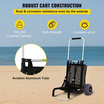 Foldable Beach Cart with PVC Balloon Wheels, Adjustable Height, 75 kg Capacity