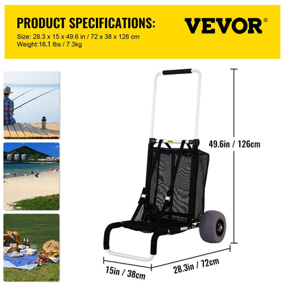 Foldable Beach Cart with PVC Balloon Wheels, Adjustable Height, 75 kg Capacity