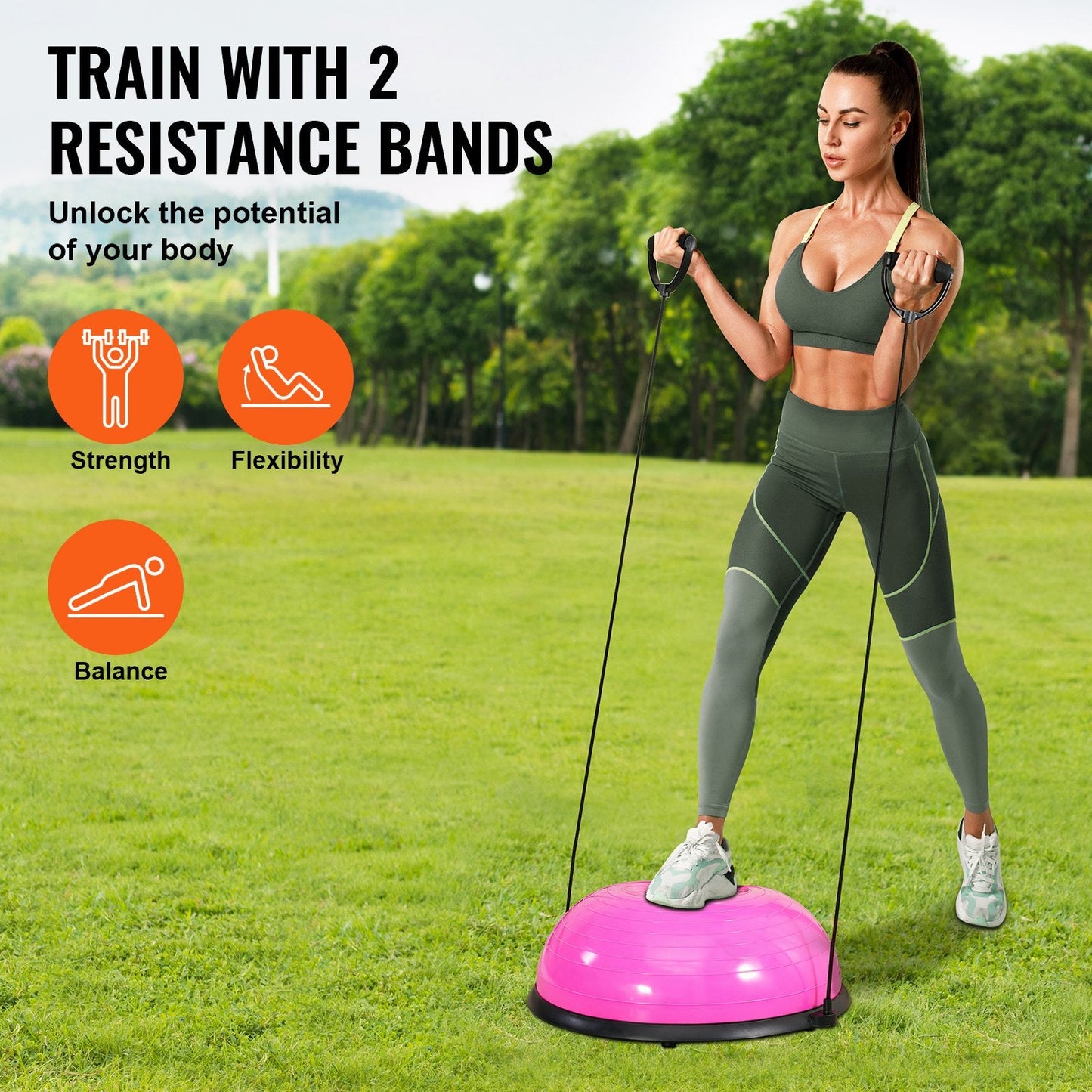 Half Balance Ball Trainer, 0.58m Stability Ball, 300kg Capacity, Pink, with Bands