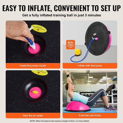 Half Balance Ball Trainer, 0.58m Stability Ball, 300kg Capacity, Pink, with Bands