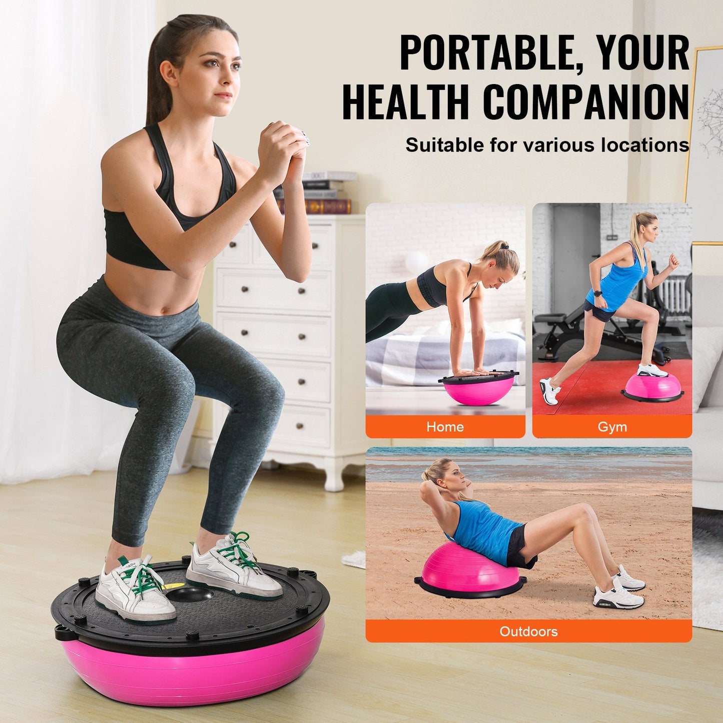 Half Balance Ball Trainer, 0.58m Stability Ball, 300kg Capacity, Pink, with Bands