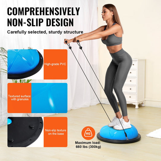 Half Balance Ball Trainer with Resistance Bands, 300 kg Capacity, Blue