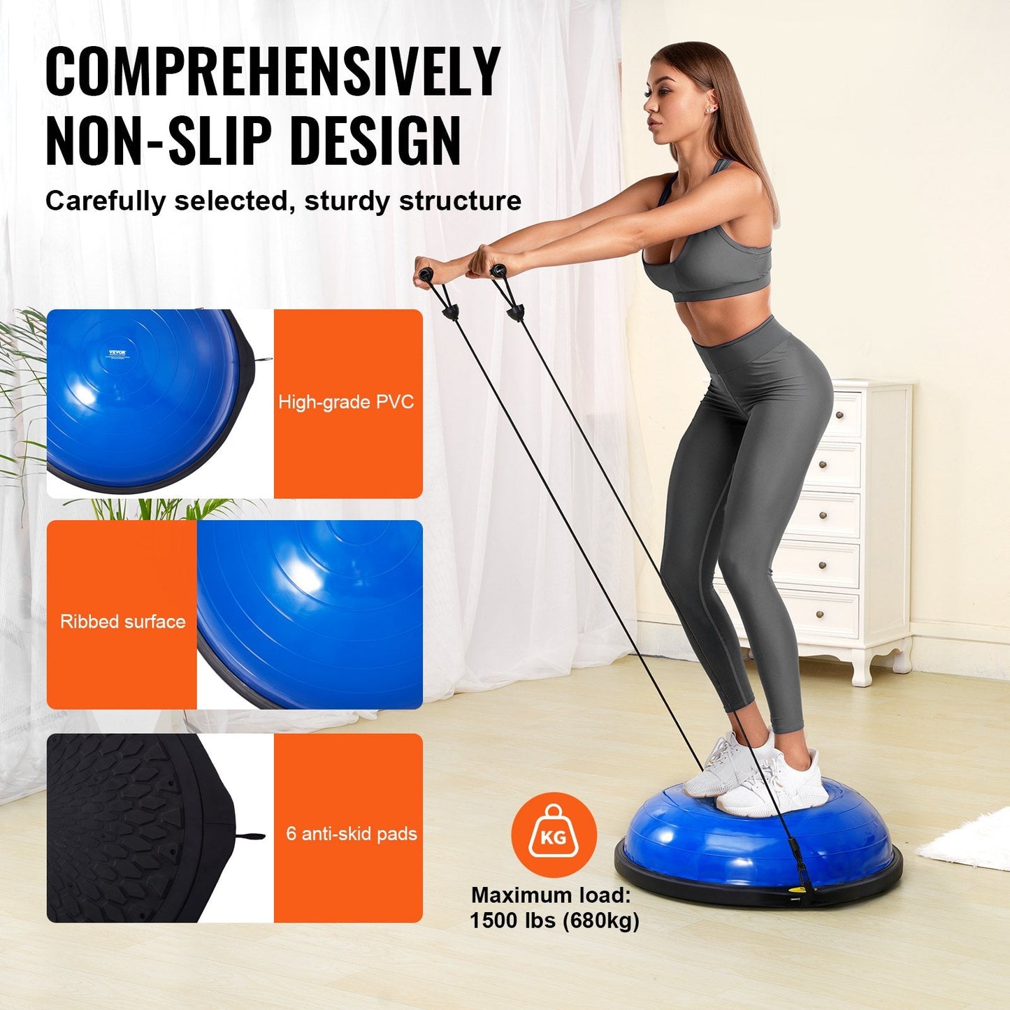 Half Balance Ball Trainer with Resistance Bands, 0.66m, 680kg Capacity, Blue