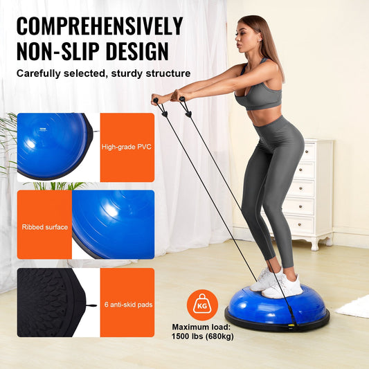 Half Balance Ball Trainer with Resistance Bands, 0.66m, 680kg Capacity, Blue