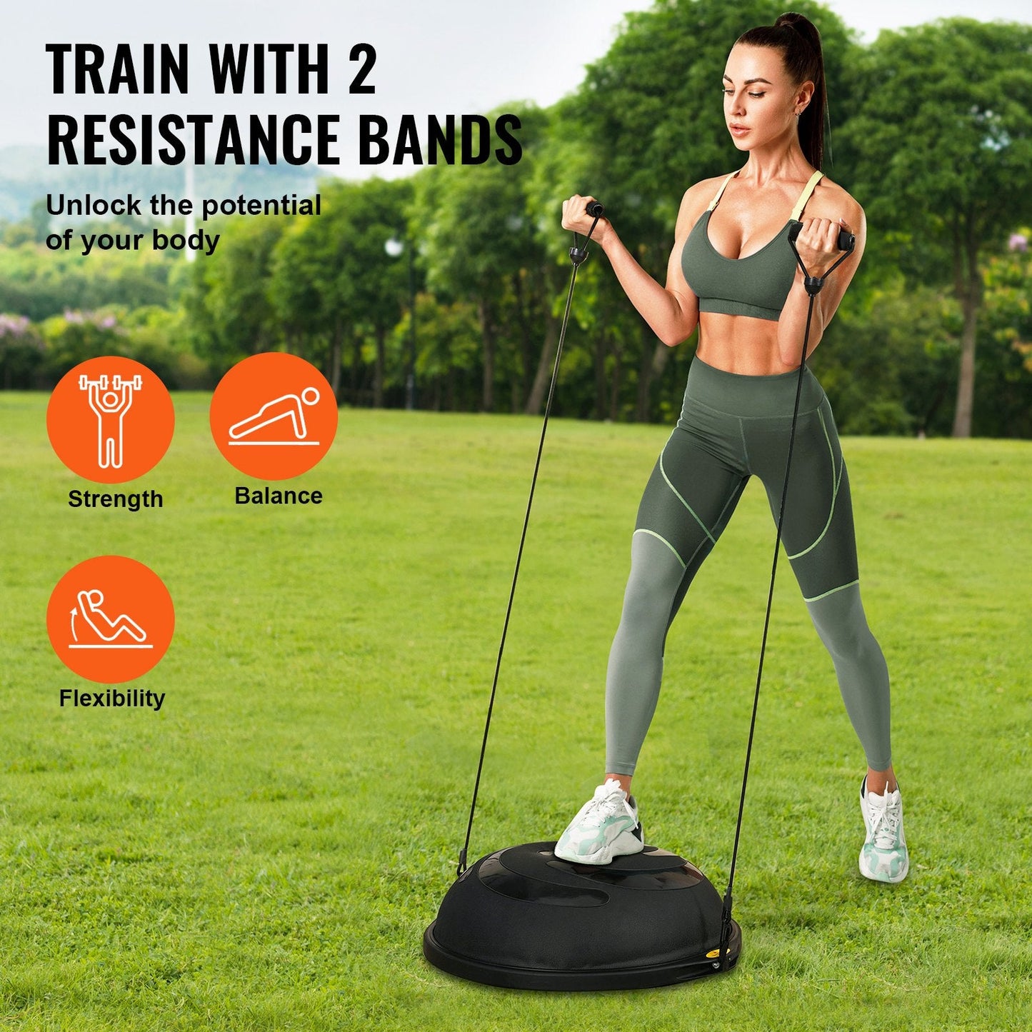 Half Balance Ball Trainer, 0.66m Diameter, 680kg Capacity, with Resistance Bands