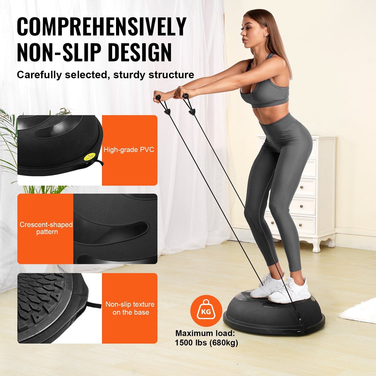 Half Balance Ball Trainer, 0.66m Diameter, 680kg Capacity, with Resistance Bands