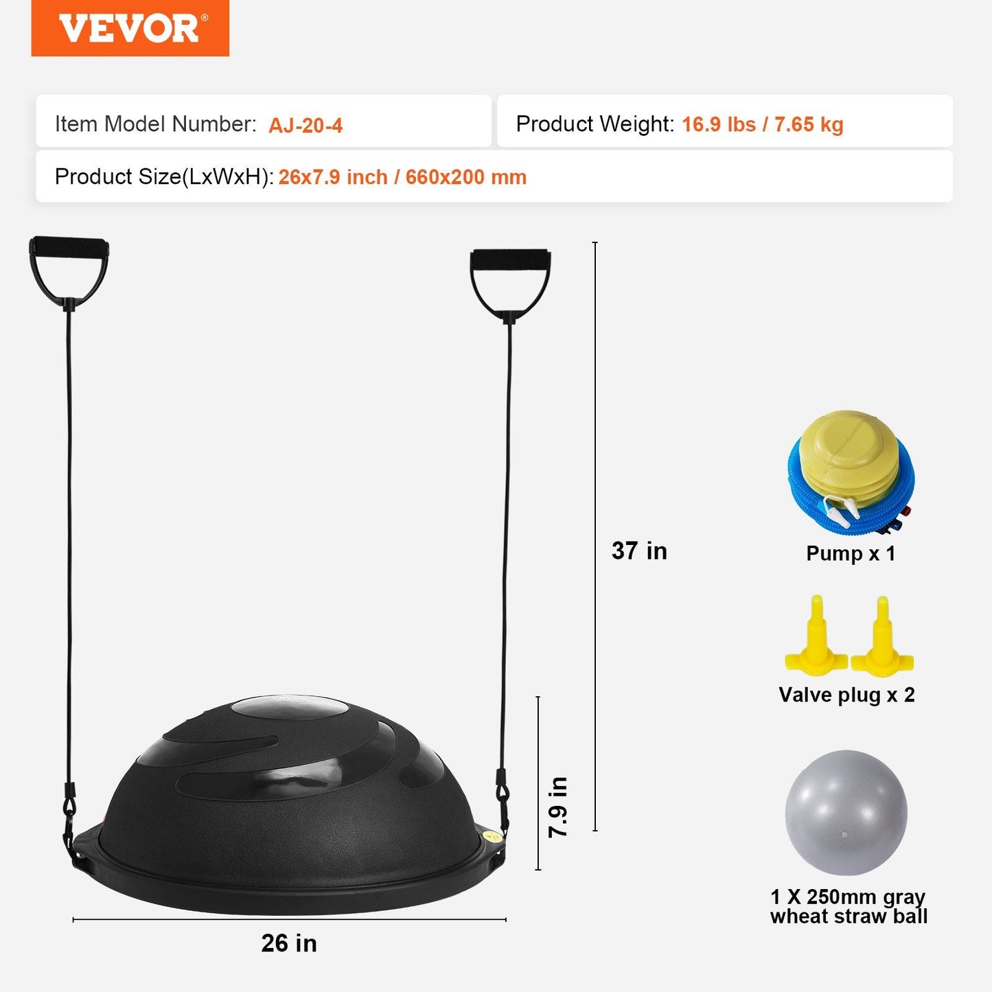 Half Balance Ball Trainer, 0.66m Diameter, 680kg Capacity, with Resistance Bands