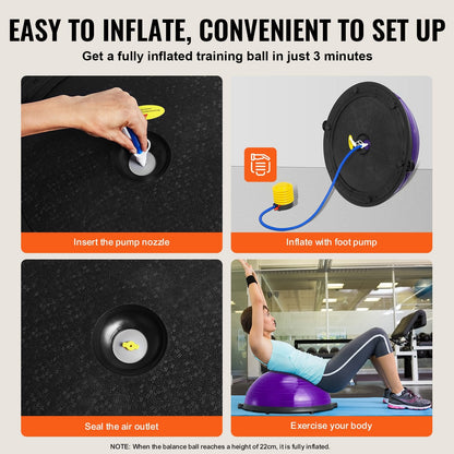 Purple Half Balance Ball Trainer with Resistance Bands, 300 kg Capacity, 0.6 m