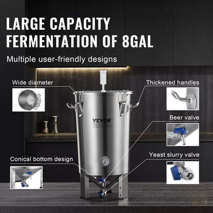 VEVOR 304 Stainless Steel Kettle, 8 GALLON Beer Brew Fermentor, Brew Bucket Fermentor