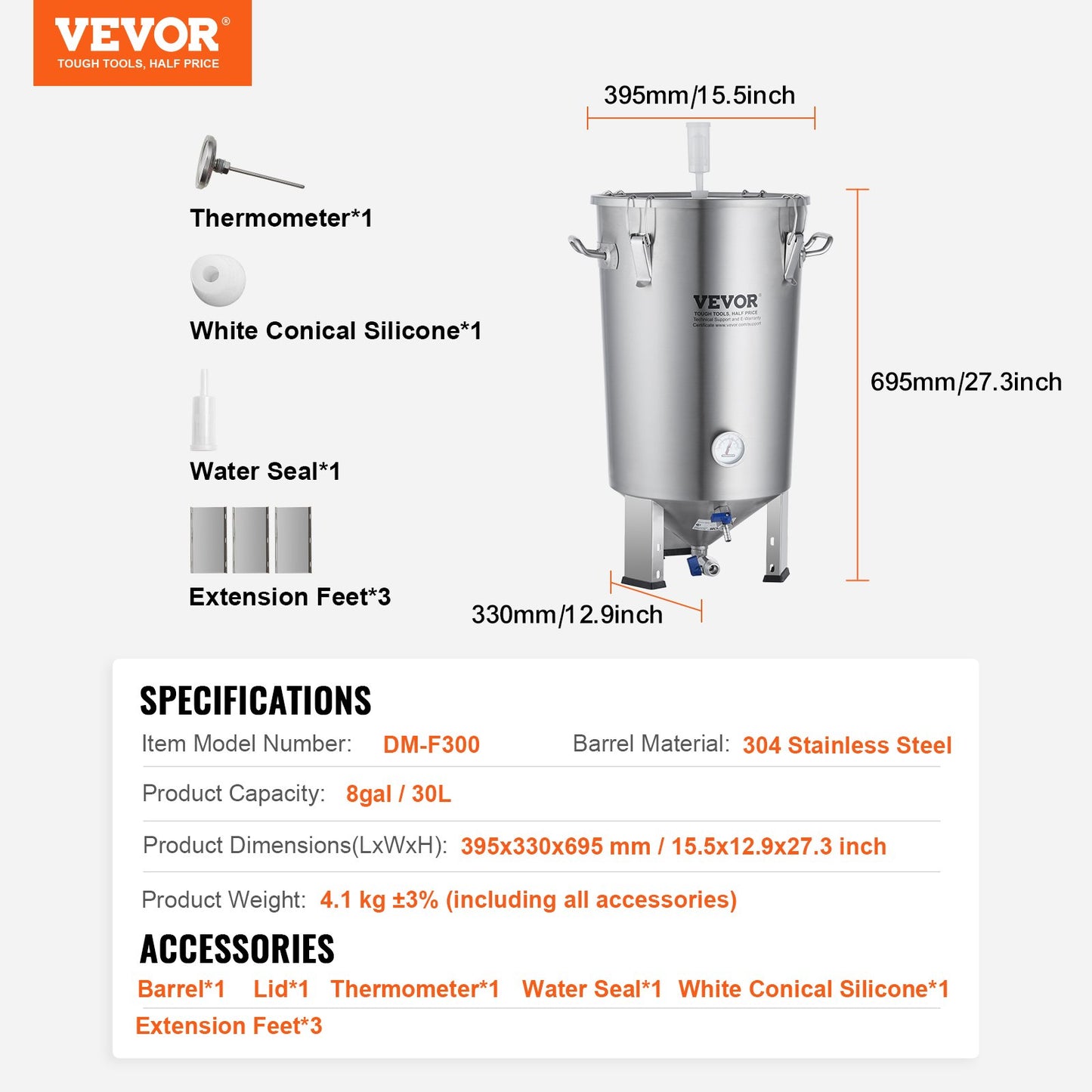 VEVOR 304 Stainless Steel Kettle, 8 GALLON Beer Brew Fermentor, Brew Bucket Fermentor
