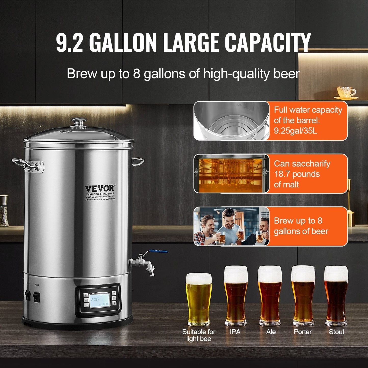 Electric Home Beer Brewer, 30-Liter Stainless Steel Pot with Control Panel