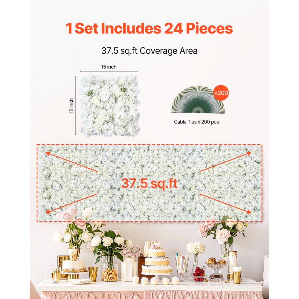 VEVOR 3D Flower Wall Panel 24 PCS 15 x 15 inch Artificial Floral Background for Wedding
