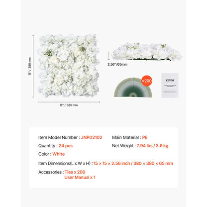 VEVOR 3D Flower Wall Panel 24 PCS 15 x 15 inch Artificial Floral Background for Wedding
