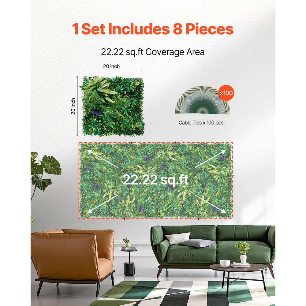 VEVOR Artificial Grass Wall Panels 8 PCS 20 x 20 inch 3D Greenery for Decor