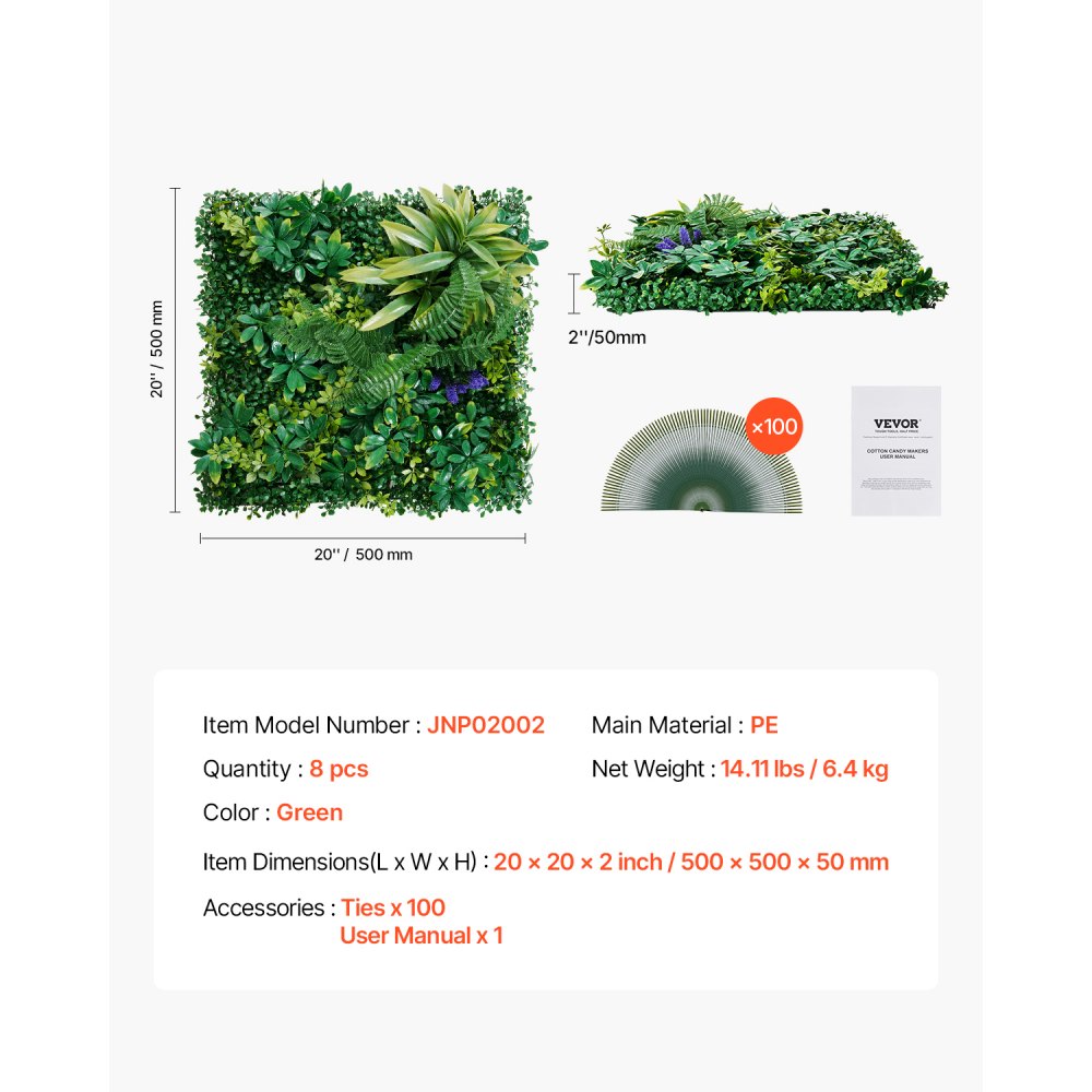 VEVOR Artificial Grass Wall Panels 8 PCS 20 x 20 inch 3D Greenery for Decor