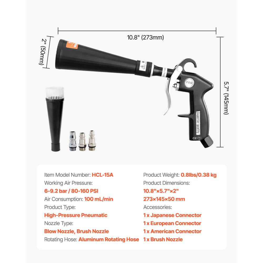 VEVOR Car Cleaning Gun 6-9.2 Bar High-Pressure Air Blow Gun 2 Nozzles Blast Dirt